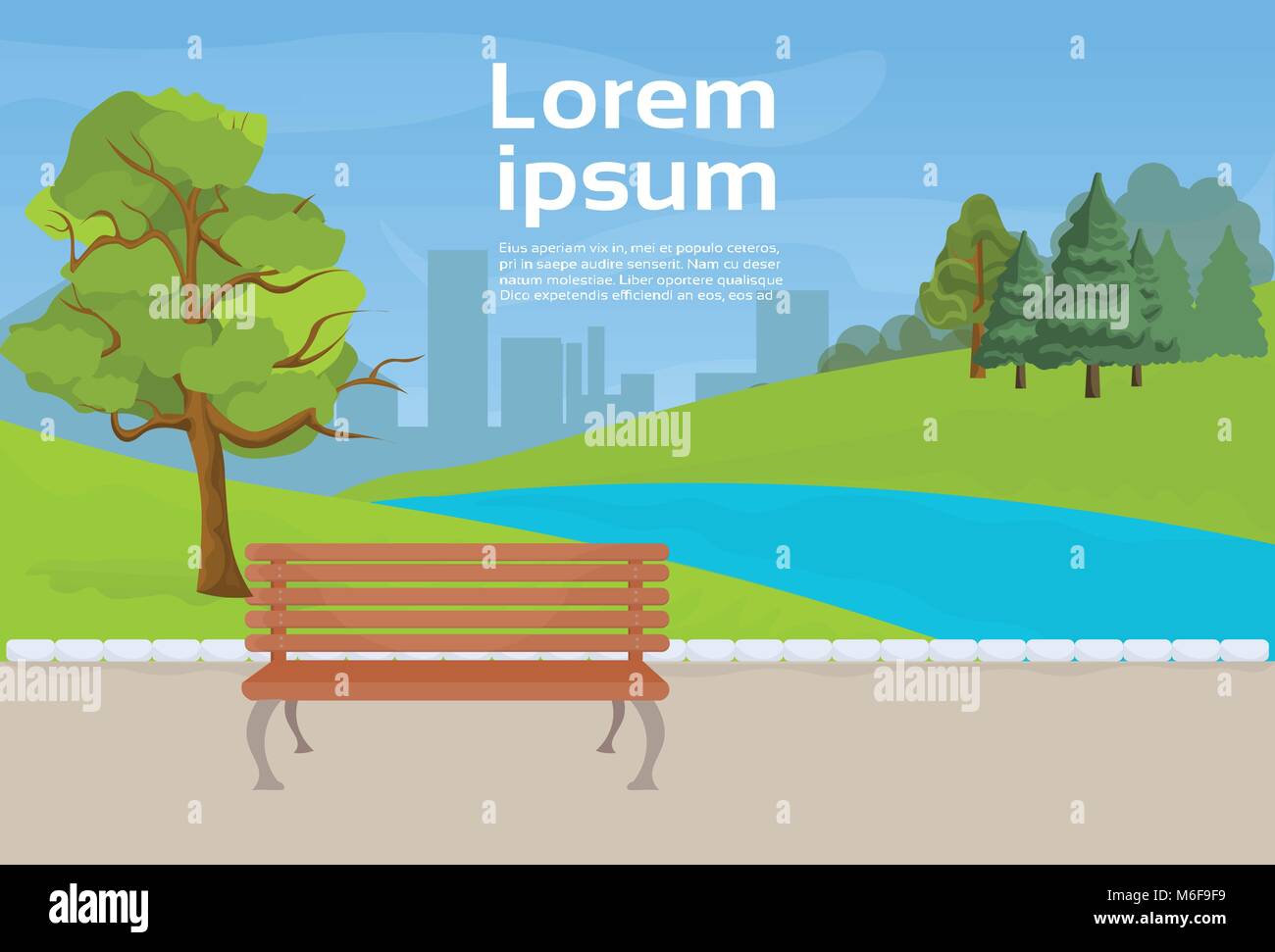 Urban Park Wooden Bench, Green Lawn And Trees Over River Or Lake On City Buildings Template Background Stock Vector