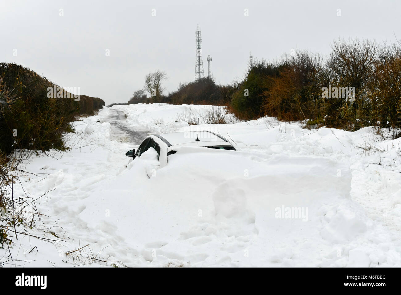 West Compton, Dorset, UK. 3rd March 2018. UK Weather. A white Toyota