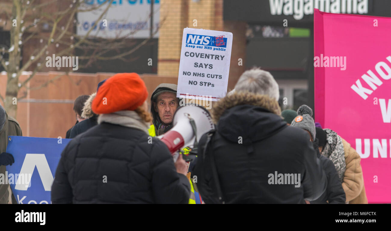 Coventry, UK. 3rd March 2018. Demonstrations and protests against privatization and reduced funding on National Health Service (NHS), in feezing winter conditions, organized by the socialist party in Coventry city centre, Godiva square, Coventry, United Kingdom 3rd March 2018. Credit: Wael Alreweie/Alamy Live News. Stock Photo