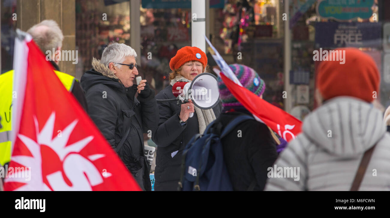 Coventry, UK. 3rd March 2018. Demonstrations and protests against privatization and reduced funding on National Health Service (NHS), in feezing winter conditions, organized by the socialist party in Coventry city centre, Godiva square, Coventry, United Kingdom 3rd March 2018. Credit: Wael Alreweie/Alamy Live News. Stock Photo