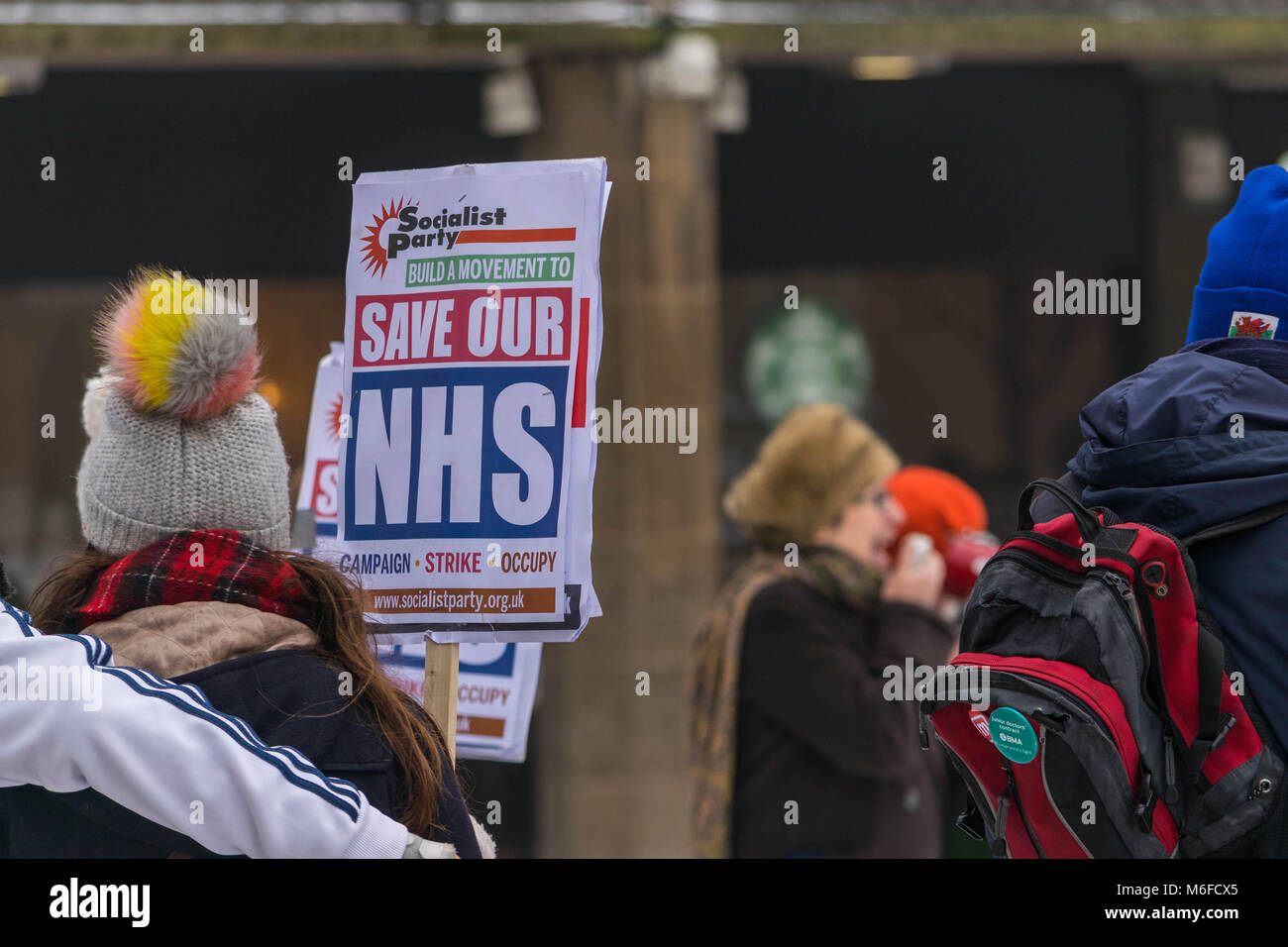 Coventry, UK. 3rd March 2018. Demonstrations and protests against privatization and reduced funding on National Health Service (NHS), in feezing winter conditions, organized by the socialist party in Coventry city centre, Godiva square, Coventry, United Kingdom 3rd March 2018. Credit: Wael Alreweie/Alamy Live News. Stock Photo