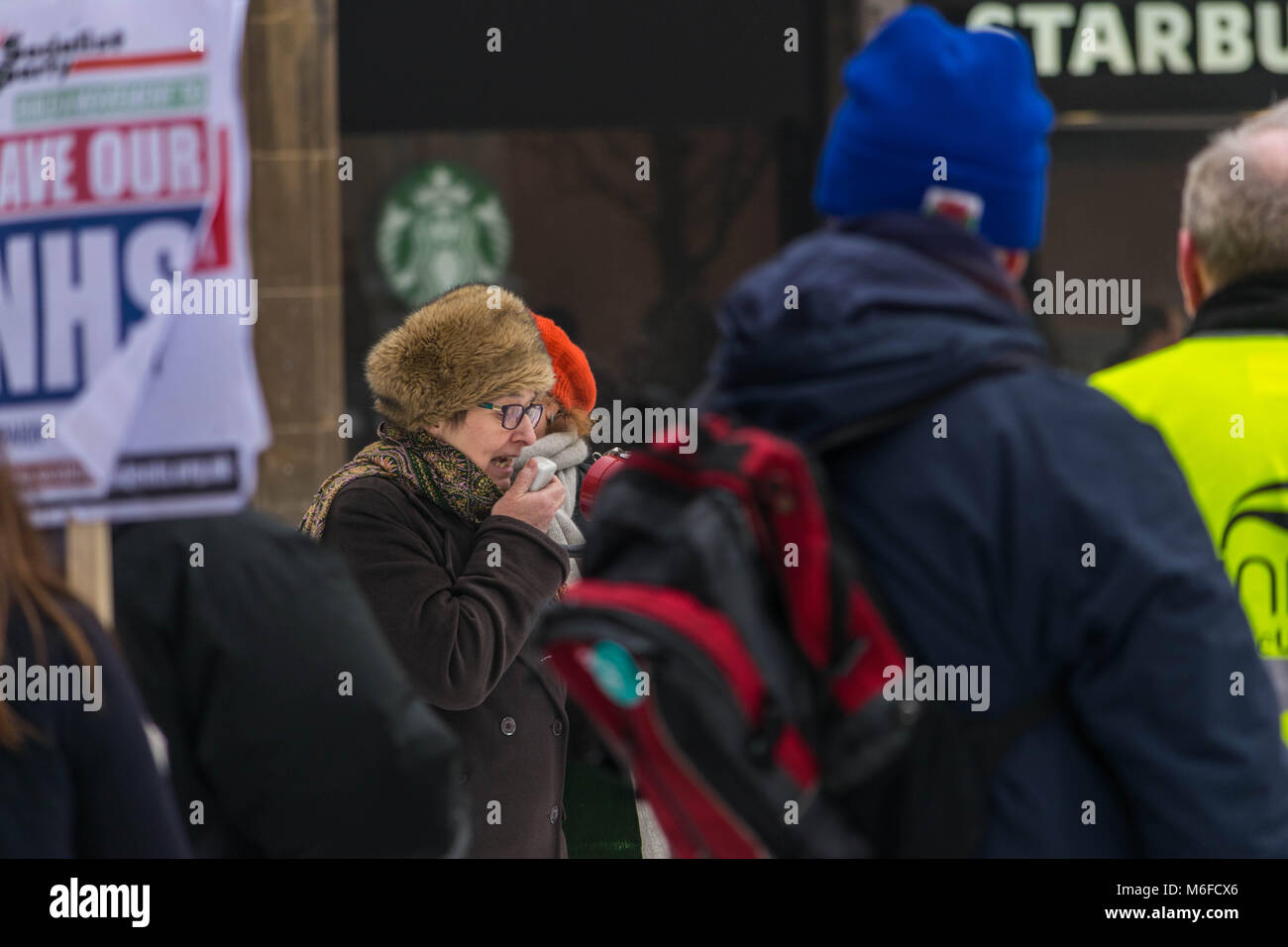 Coventry, UK. 3rd March 2018. Demonstrations and protests against privatization and reduced funding on National Health Service (NHS), in feezing winter conditions, organized by the socialist party in Coventry city centre, Godiva square, Coventry, United Kingdom 3rd March 2018. Credit: Wael Alreweie/Alamy Live News. Stock Photo