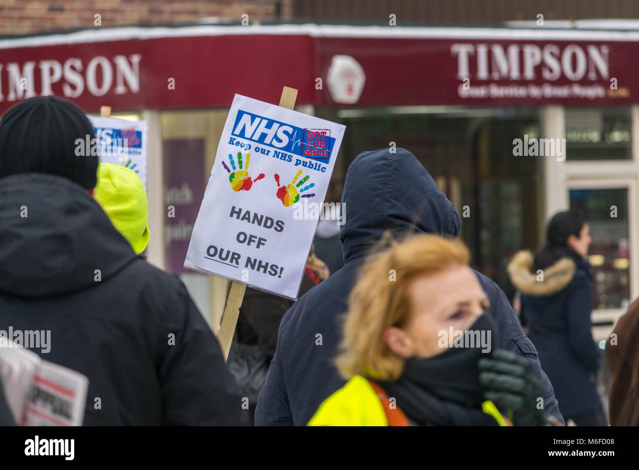 Coventry, UK. 3rd March 2018. Demonstrations and protests against privatization and reduced funding on National Health Service (NHS), in feezing winter conditions, organized by the socialist party in Coventry city centre, Godiva square, Coventry, United Kingdom 3rd March 2018. Credit: Wael Alreweie/Alamy Live News. Stock Photo