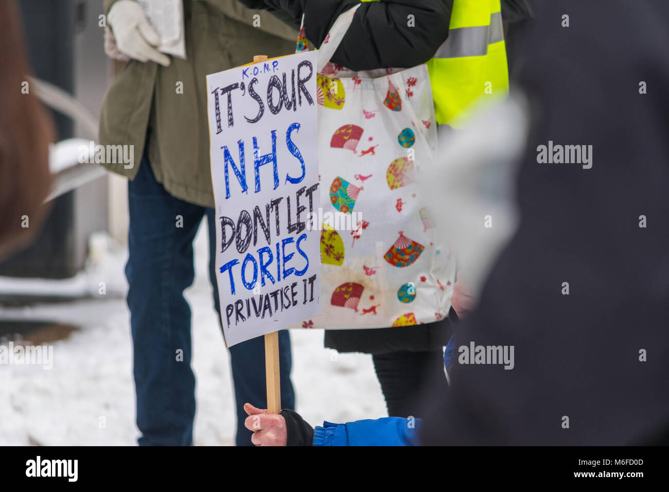 Coventry, UK. 3rd March 2018. Demonstrations and protests against privatization and reduced funding on National Health Service (NHS), in feezing winter conditions, organized by the socialist party in Coventry city centre, Godiva square, Coventry, United Kingdom 3rd March 2018. Credit: Wael Alreweie/Alamy Live News. Stock Photo