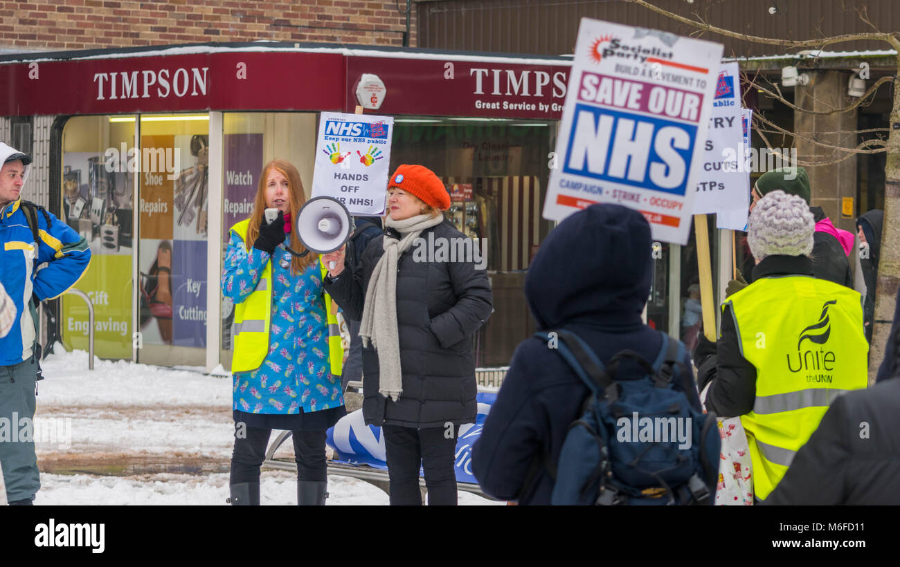 Coventry, UK. 3rd March 2018. Demonstrations and protests against privatization and reduced funding on National Health Service (NHS), in feezing winter conditions, organized by the socialist party in Coventry city centre, Godiva square, Coventry, United Kingdom 3rd March 2018. Credit: Wael Alreweie/Alamy Live News. Stock Photo