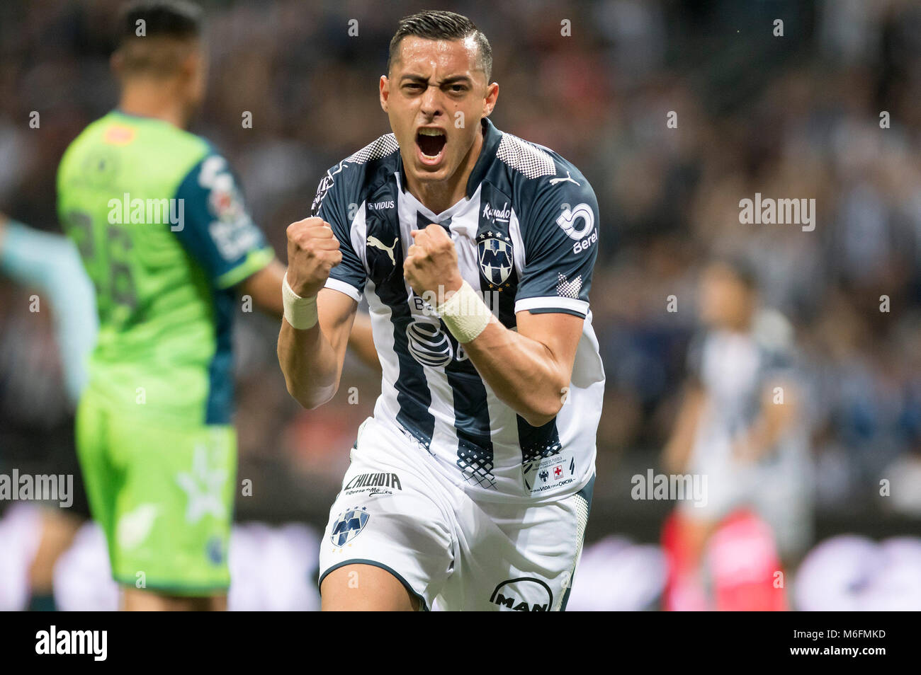 Rayados Player Rogelio Funes Mori Celebrates After Scoring A Goal During The Soccer Match Between Puebla And Rayados Of Monterrey Of The Clausura Tournament Held At The Bbva Stadium In Monterrey Mexico
