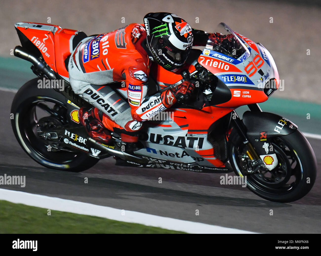 Doha. 3rd Mar, 2018. Spanish MotoGP rider Jorge Lorenzo of Ducati Team  steers his bike during the final day of pre-season test at the Losail  International Circuit in the Qatari capital Doha