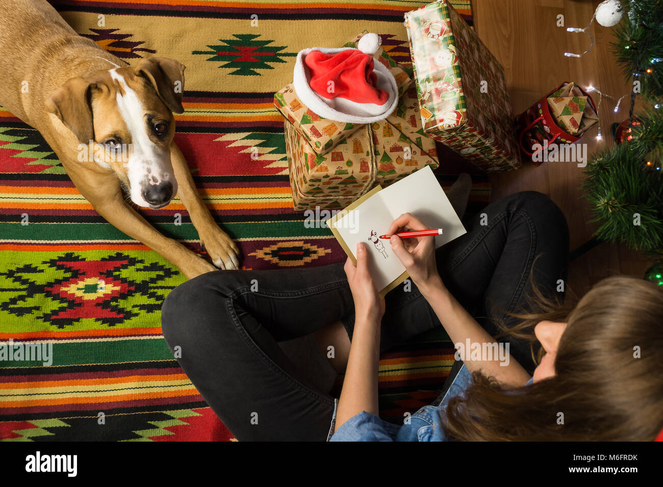 girl sits with pet dog and signs postcard  next to decorated fur tree and pile of new year presents packaged in beautiful packpaper Stock Photo