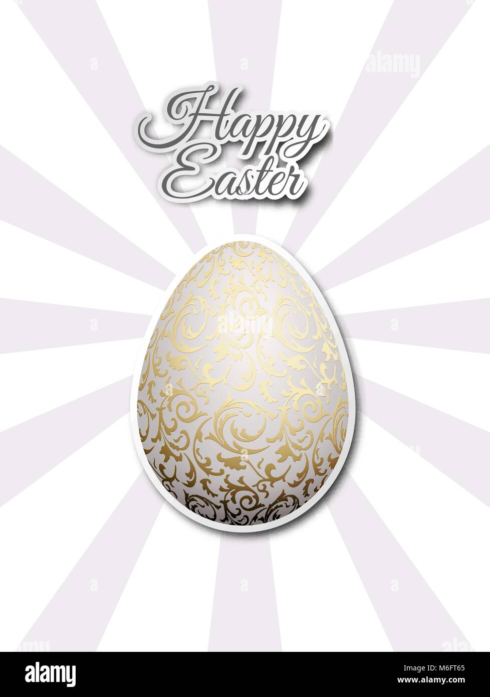 White egg with golden metallic floral pattern. Flat sticker on gray sun beams background. Bright greeting card with Happy Easter text Stock Vector