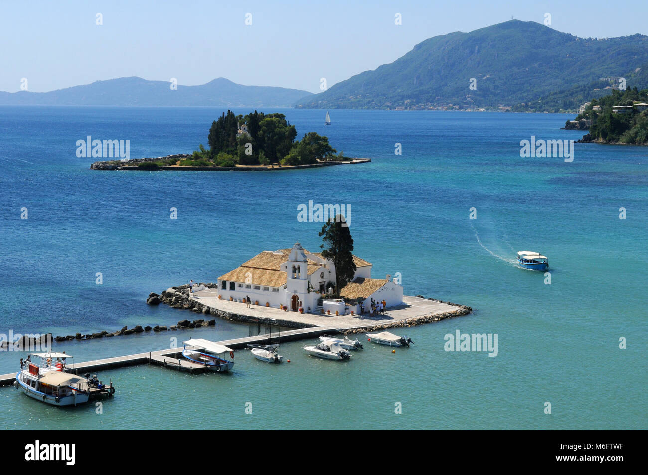 Mouse Island and the Vlacherna Monastery, Pontikonisi island, Corfu, Greece Stock Photo