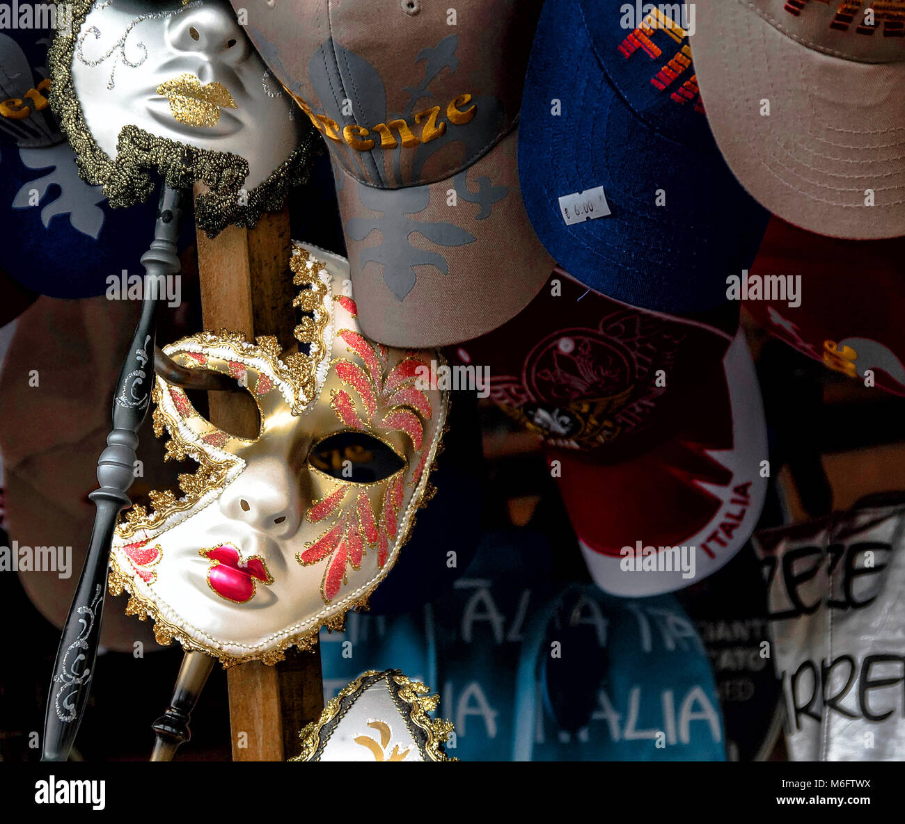 Window display of masquerade mask and caps in Florence, Italy. 23 April, 2011 Stock Photo Alamy