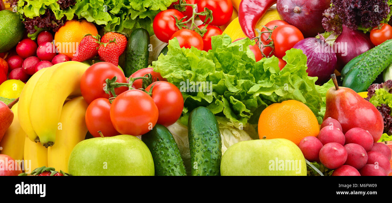 Panoramic collection fresh healthy fruits and vegetables. Stock Photo