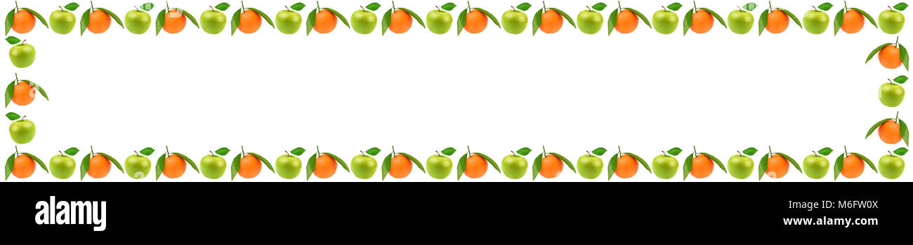 Panoramic frame of fresh fruit with apples and orange isolated on white background. Free space for text. Stock Photo