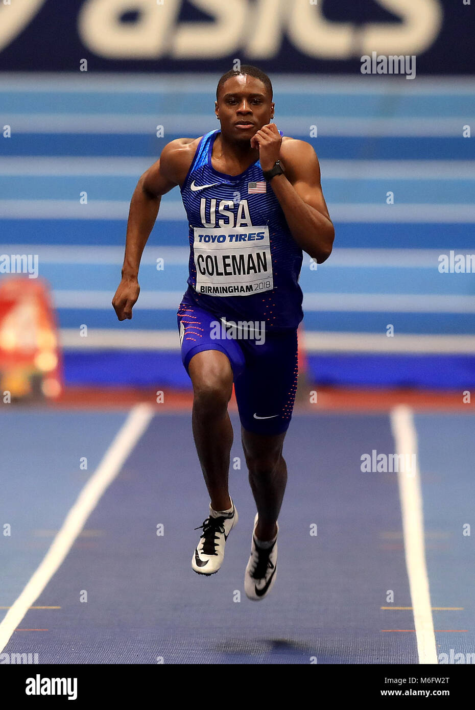 USA's Christian Coleman wins the Men's 60m Semi-Final Heat 2 during day three of the 2018 IAAF Indoor World Championships at The Arena Birmingham. Stock Photo