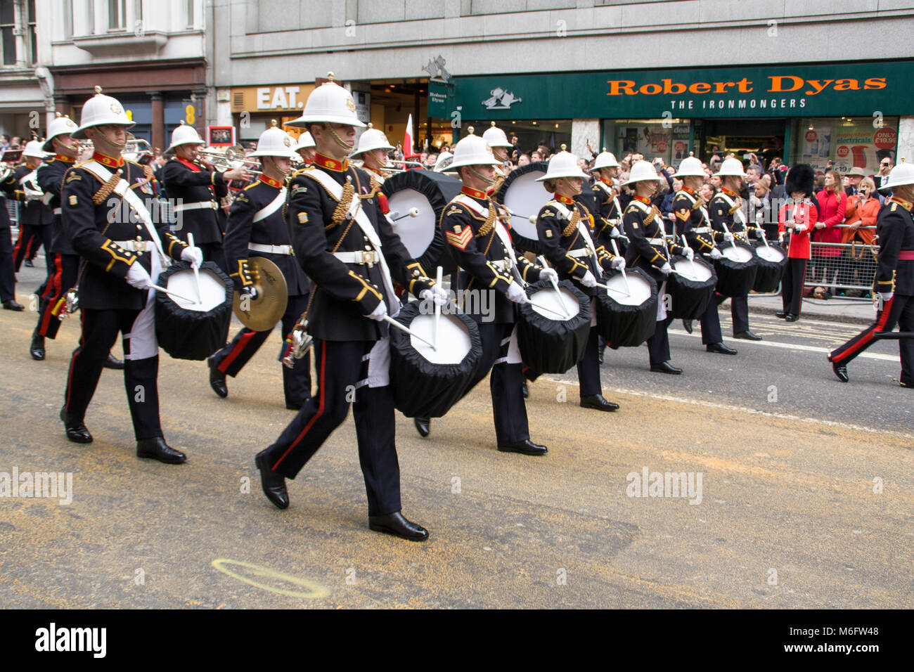 Military Band Marching in Central London at Margaret Thatchers State Funeral. London, England