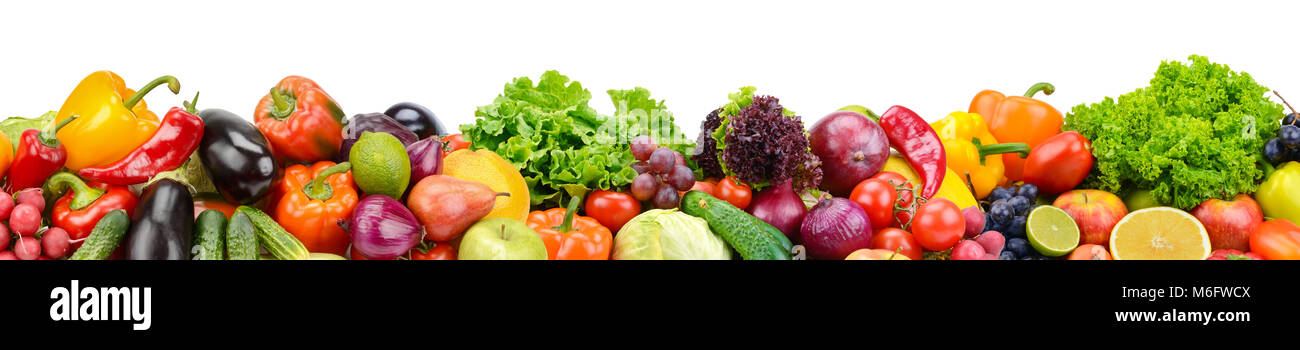 Panoramic collection fresh fruits and vegetables for skinali isolated on white background. Copy space. Stock Photo