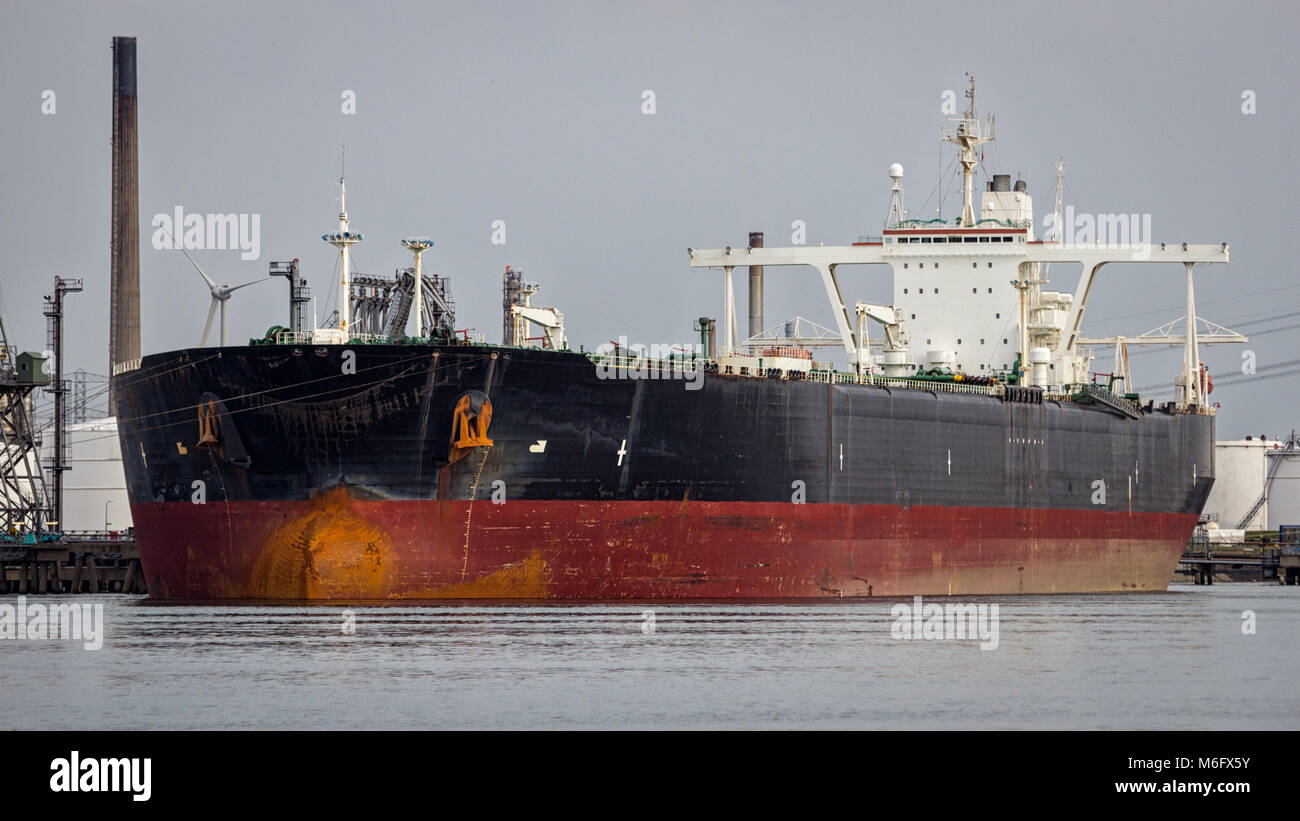 Large oil tanker moored in the Port of Rotterdam. Stock Photo