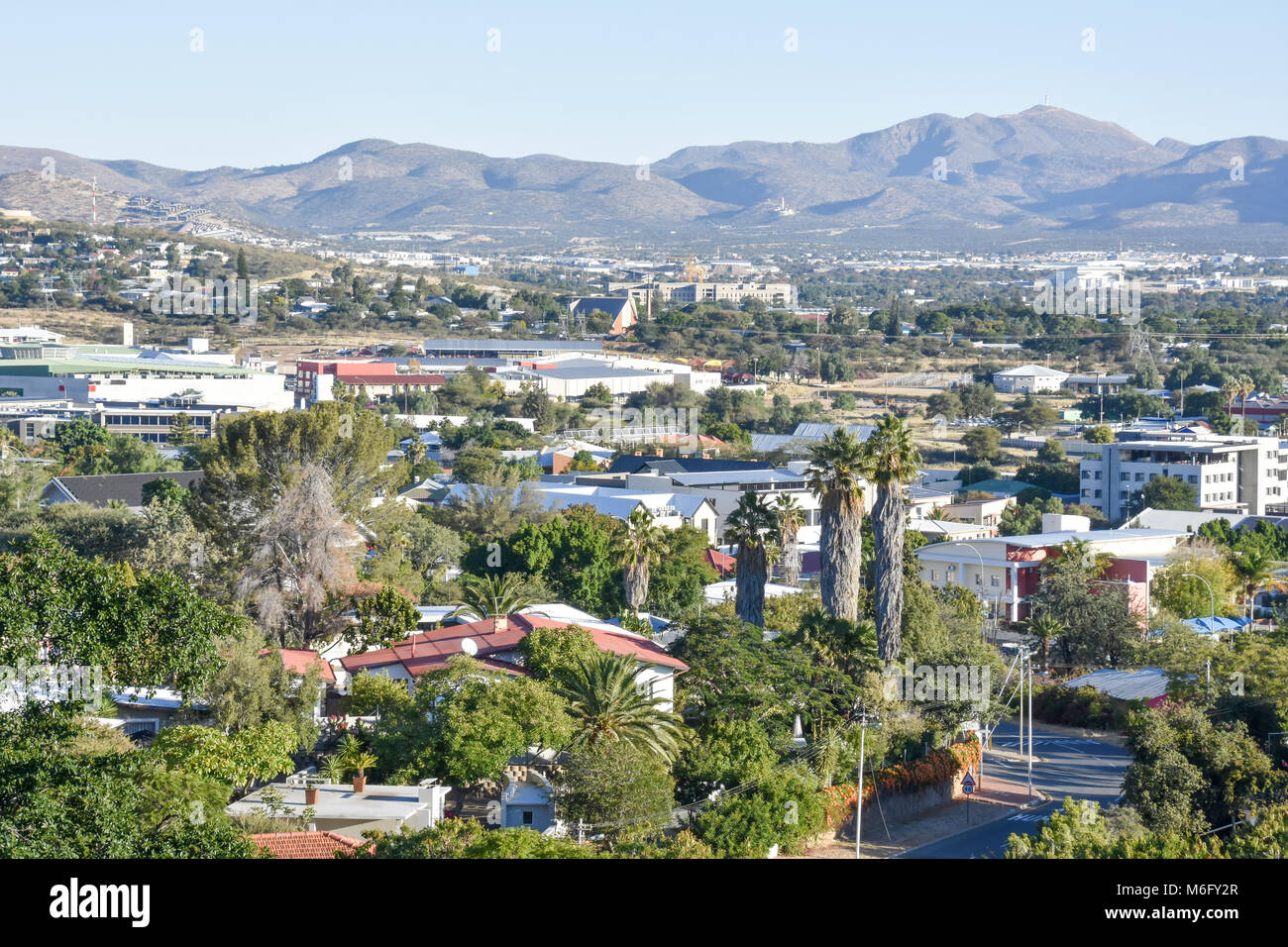 An aerial view of a residential neighborhood near the center of Windhoek the capital of Namibia in Southern Africa Stock Photo