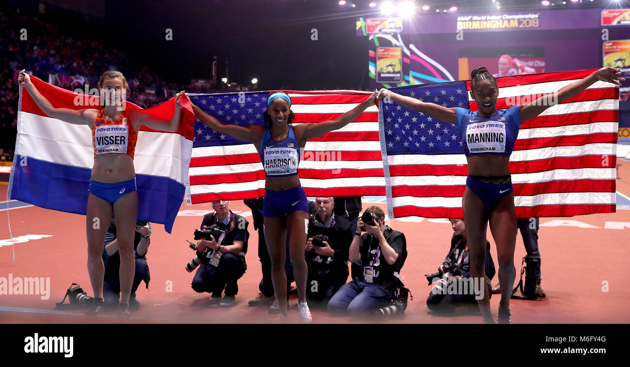 Bronze winner Netherland's Nadine Visser (left), gold winner USA's Kendra Harrison and silver winner USA's Christina Manning (right) celebrate after the Women's 60m Hurdles Final during day three of the 2018 IAAF Indoor World Championships at The Arena Birmingham. Stock Photo