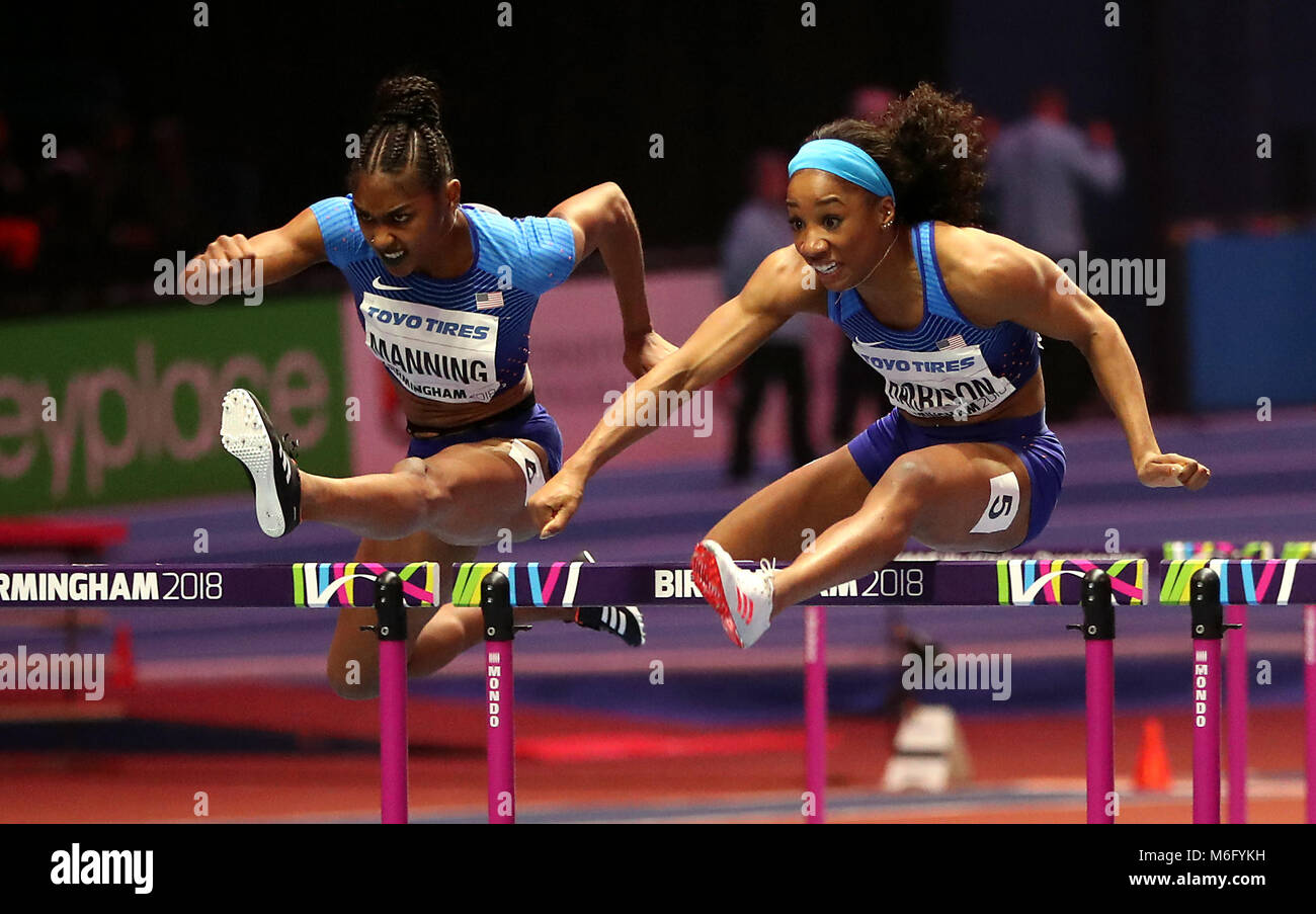 USA's Kendra Harrison (right) and USA's Christina Manning during the Woman's60 Metres Hurdles Final during day three of the 2018 IAAF Indoor World Championships at The Arena Birmingham. Stock Photo