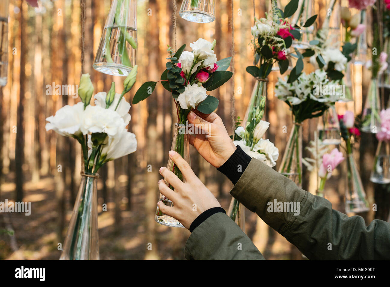 The Decorator Is Working Wedding Flowers Decoration Arch In The Stock Photo Alamy