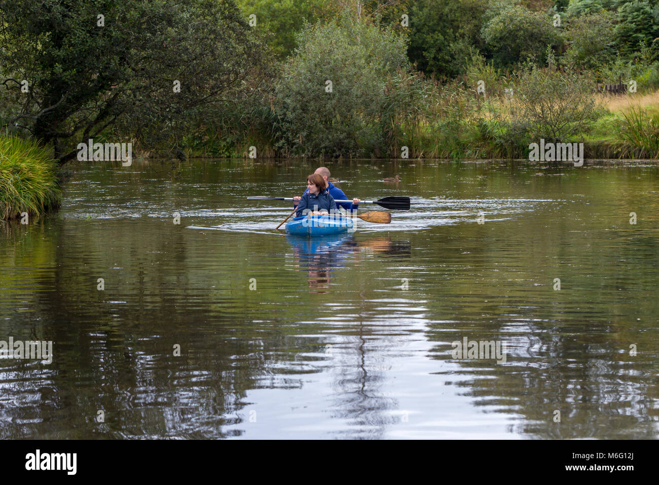 A couple paddling a canoe on the boating lake at Lappa Valley, a steam railway family attraction in Cornwall Stock Photo