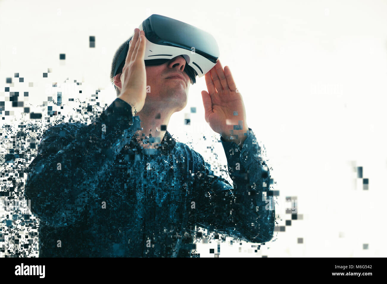 A person in virtual glasses flies to pixels. The man with glasses of