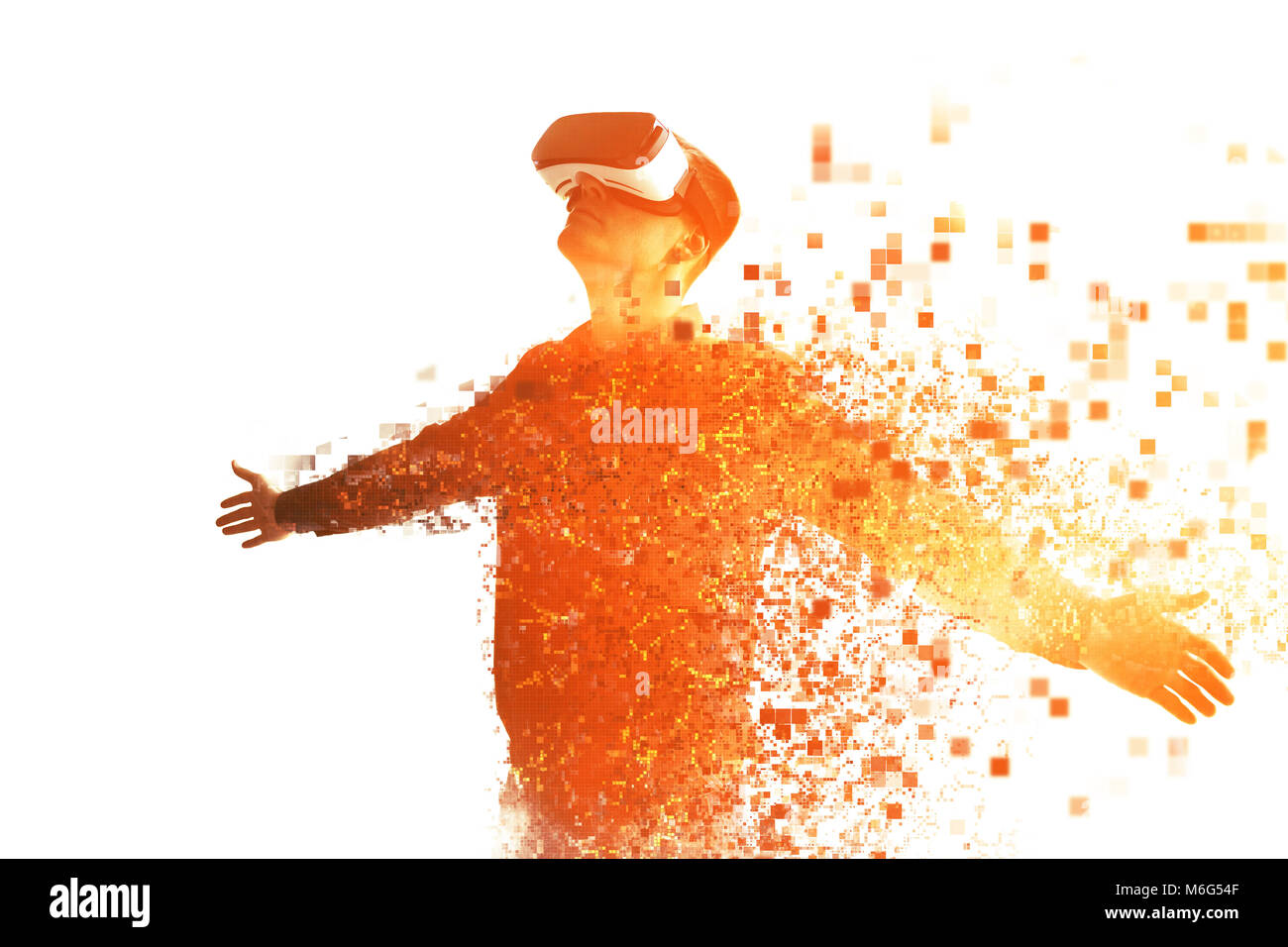 A person in virtual glasses flies to pixels. The man with glasses of virtual reality. Future technology concept. Modern imaging technology. Fragmented by pixels. Stock Photo