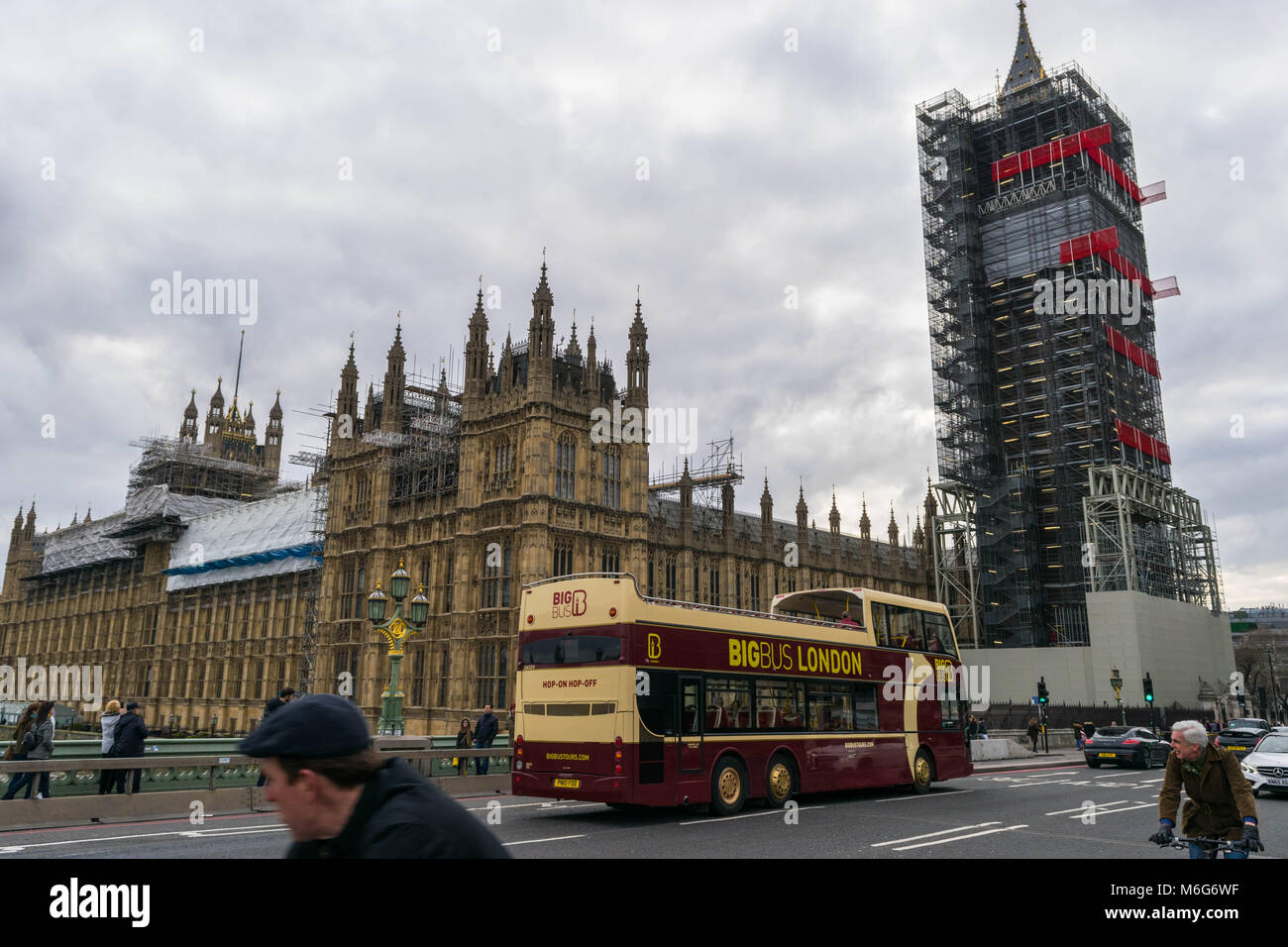 London, United Kingdom, February 17, 2018: Westminster bridge and big ben repain construction with the house of parliament in view, wintery skies Stock Photo