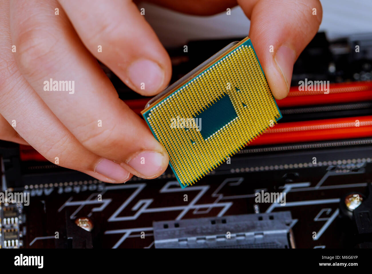The technician is putting the CPU on the socket of the computer motherboard. the concept of computer hardware, repairing, Stock Photo