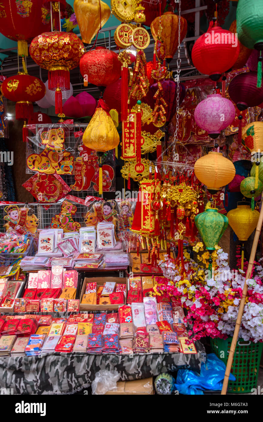 Goods to celebrate the Chinese new year on sale in 'Paper Street' in Hanoi, Vietnam Stock Photo