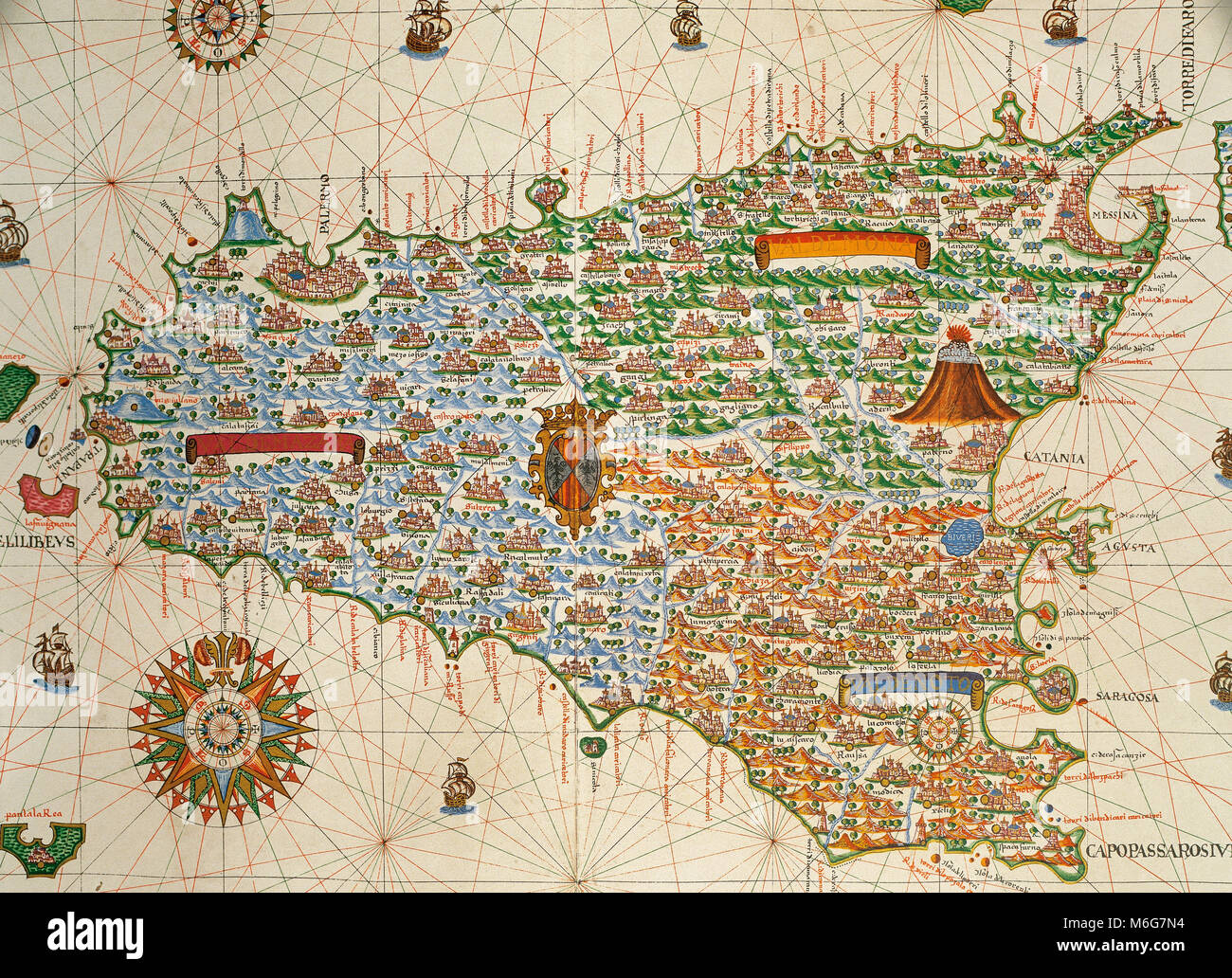 Island of Sicily. Portolan chart by Joan Martines, Spanish cartographer of the Majorcan cartographic school (16th century). Manuscript of 19 double-folio maps. Messina, Sicily, 1587. National Library, Madrid, Spain. Stock Photo