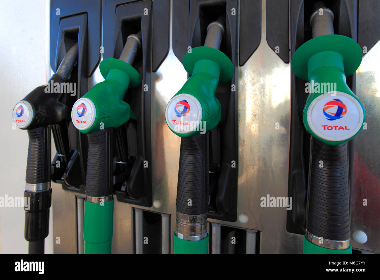 Petrol Pumps at a Total petrol Station, Great Yarmouth, Norfolk, England, UK Stock Photo