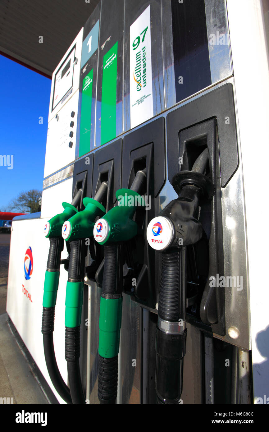 Petrol Pumps at a Total petrol Station, Great Yarmouth, Norfolk, England, UK Stock Photo