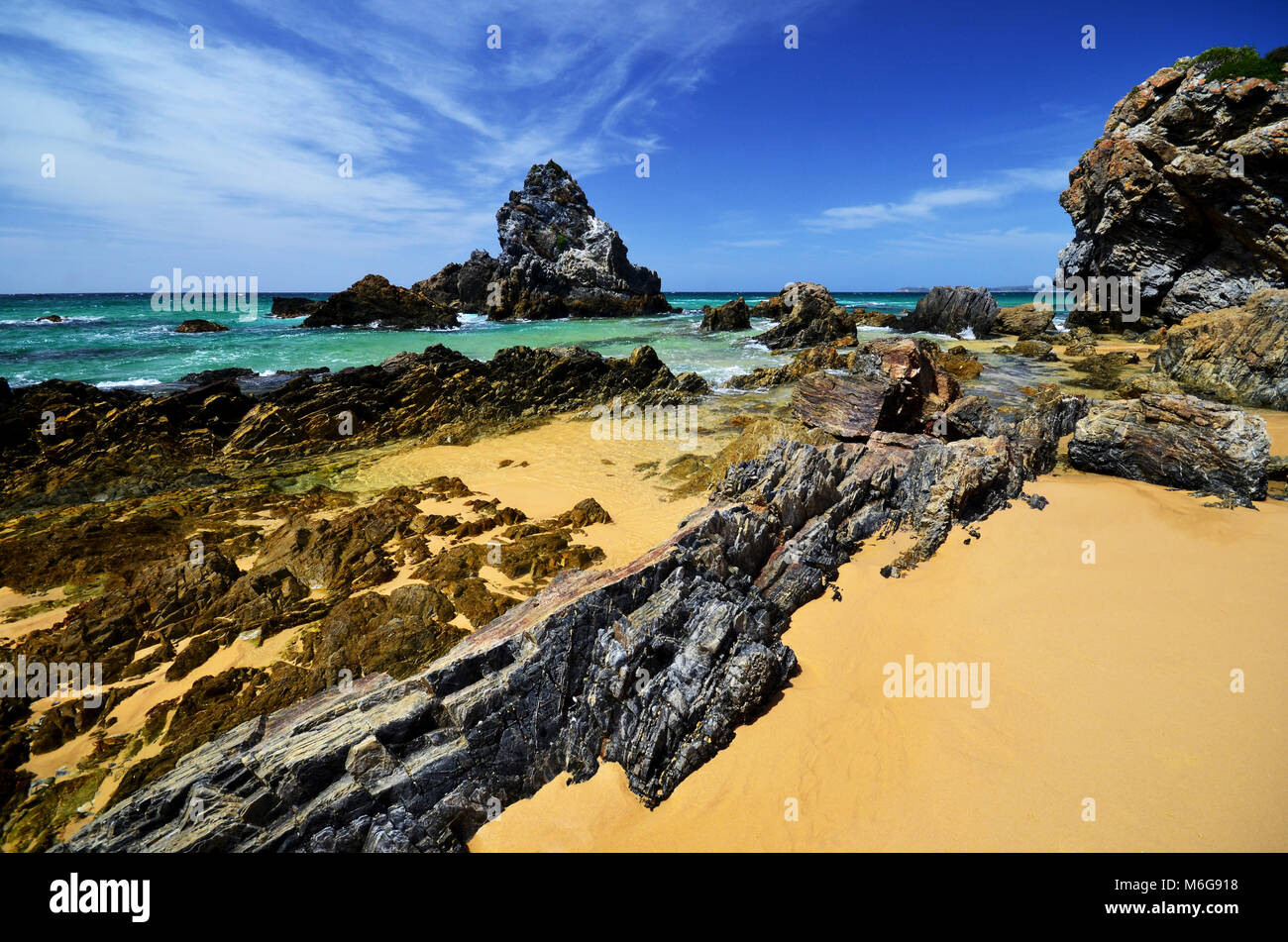 Rocks and ocean at Camel Rock near Bermagui NSW Australia Stock Photo