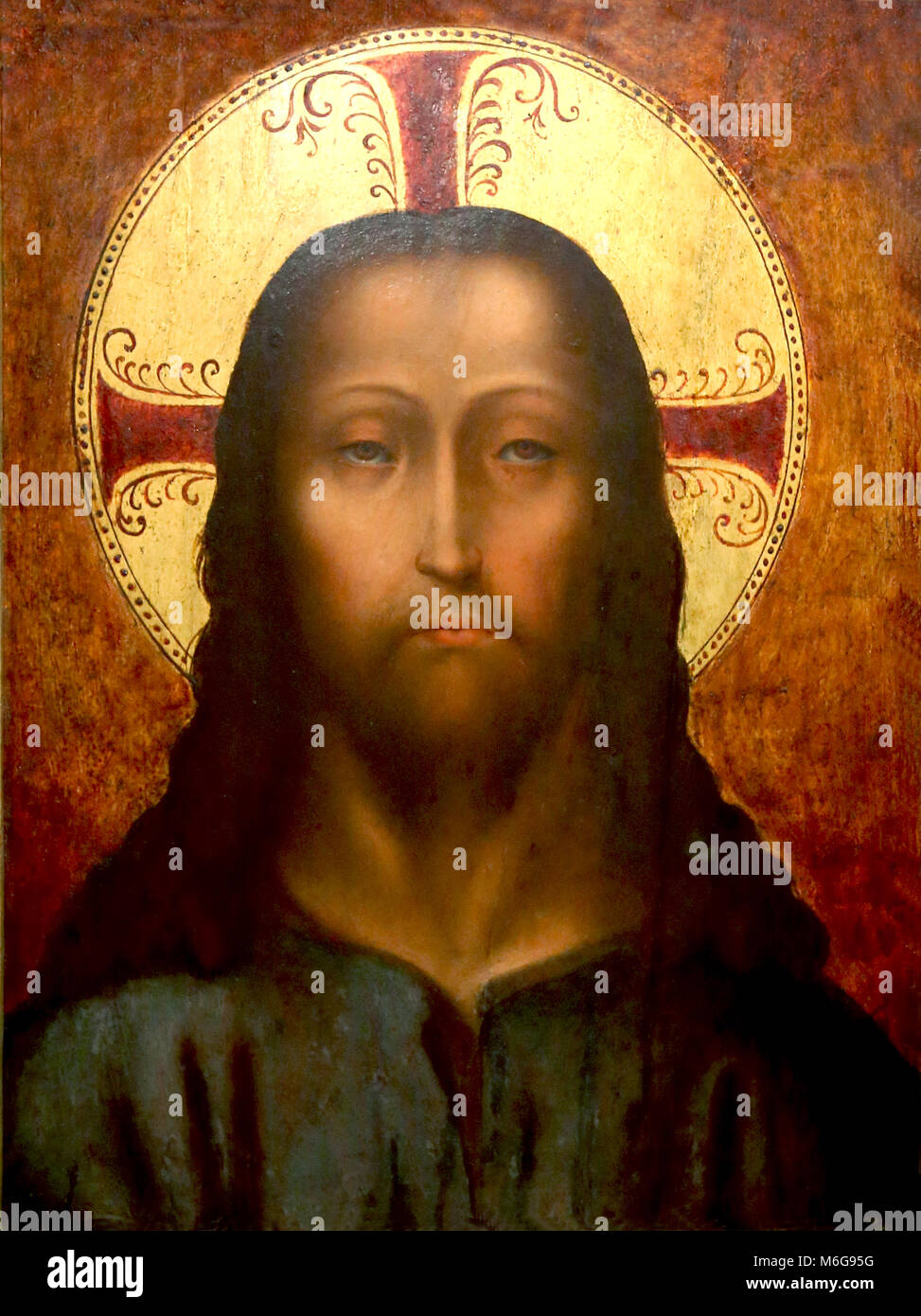 Holy face of Jesus, painted about 1501-1510 in Portugal. Oil on wood that came from the Cathedral of Funchal, Madeira. Unknown author. Stock Photo