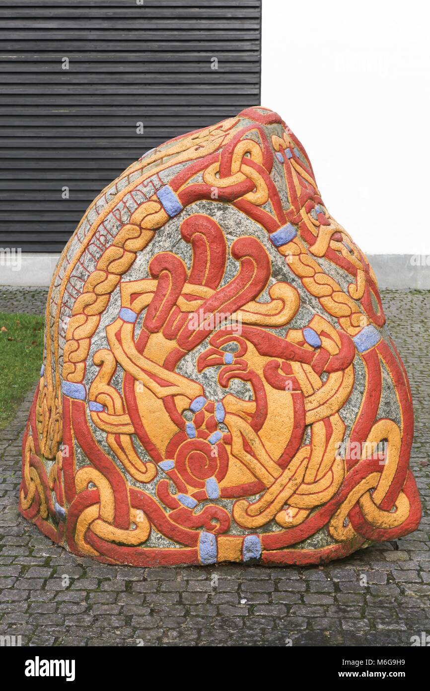 Runestone at National Viking museum in Jelling. Jelling is situated west of Vejle and it is a fascinating Unesco world heritage site Stock Photo