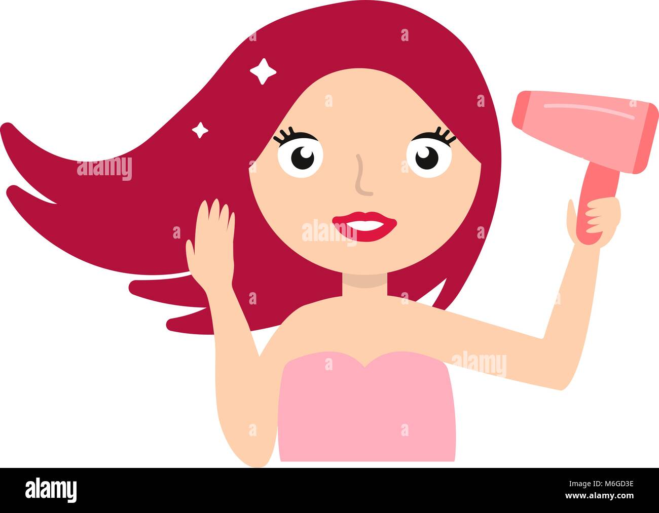 Pretty girl drying her hair with hairdryer, illustration vector Stock