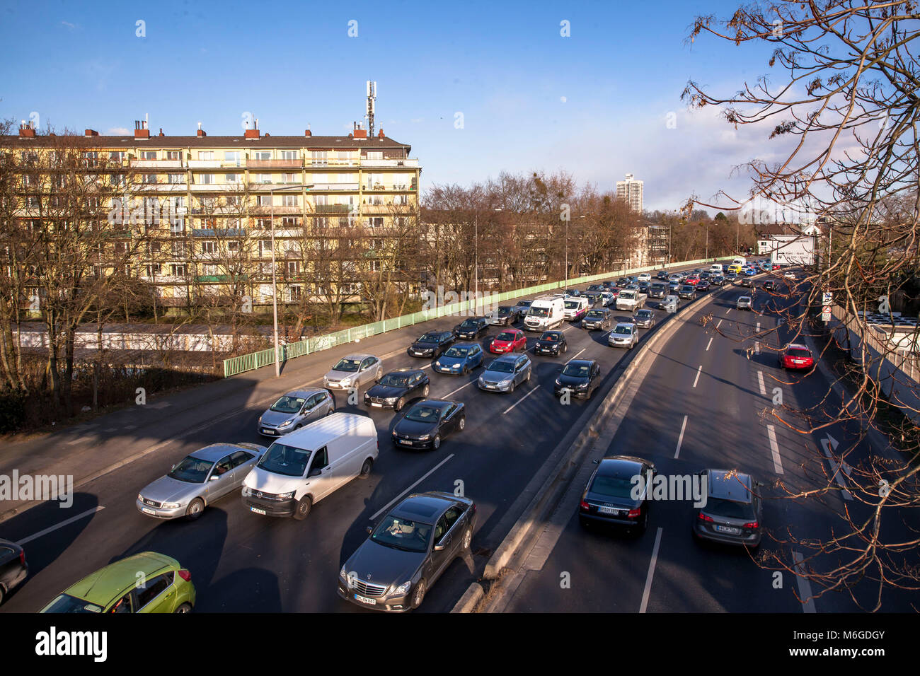 Germany, Cologne, traffic jam on the street Innere Kanalstrasse, one of the main arterial roads in Cologne, approach to the Zoo bridge.  Deutschland,  Stock Photo