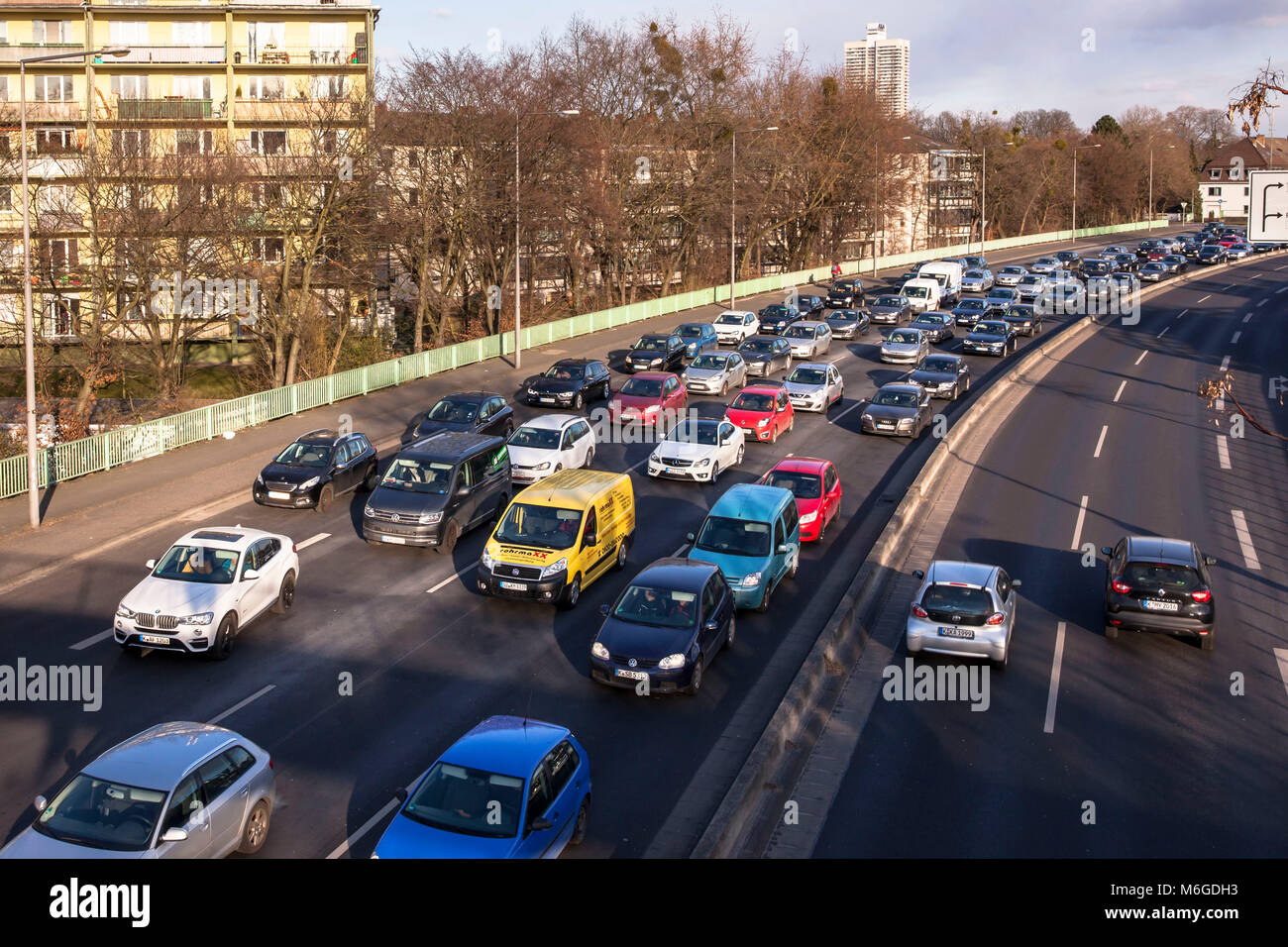 Germany, Cologne, traffic jam on the street Innere Kanalstrasse, one of the main arterial roads in Cologne, approach to the Zoo bridge.  Deutschland,  Stock Photo
