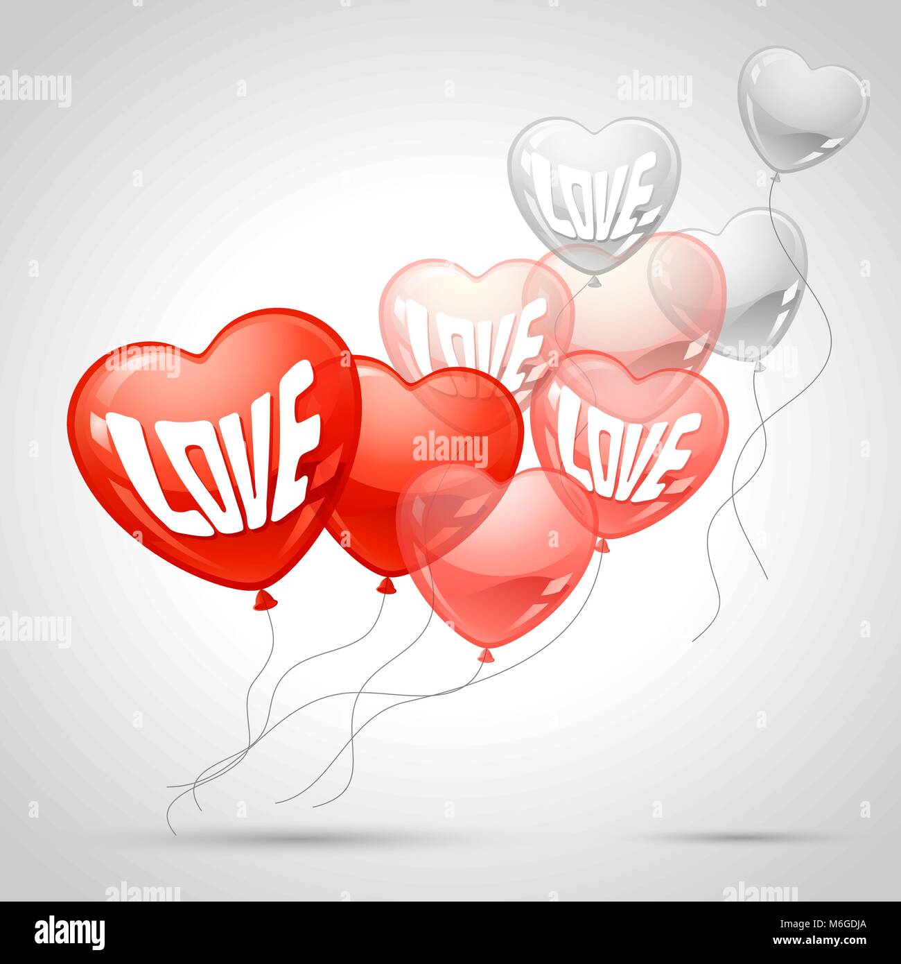 Background with flying balloons in the shape of a heart Stock Vector ...