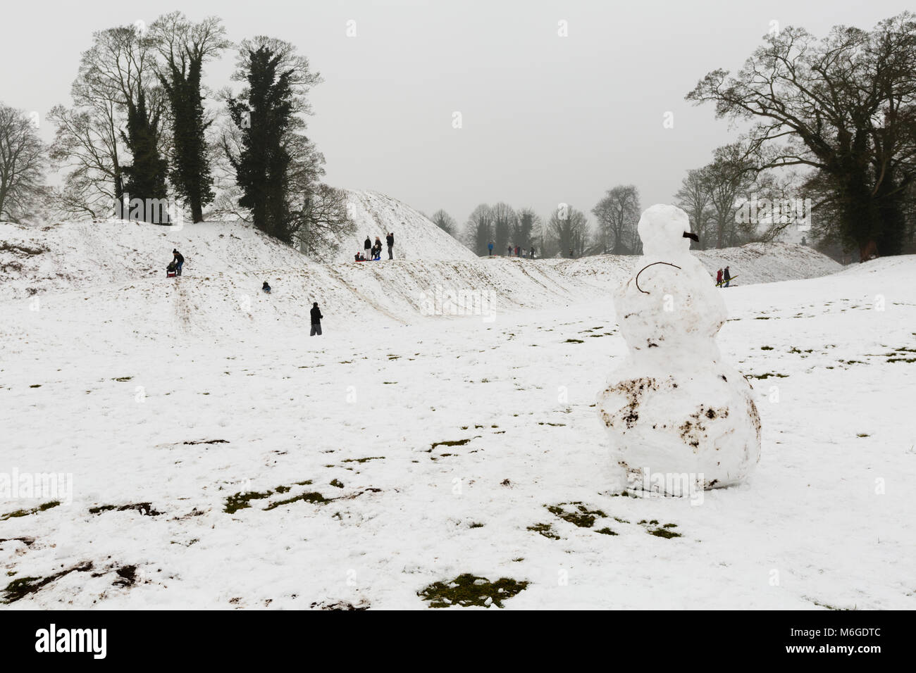 Families playing and sledging on snow covered Castle Hill at Thetford, Norfolk with large snowman foreground. Stock Photo