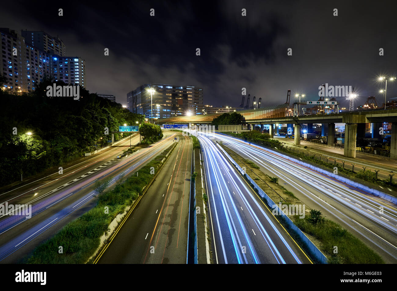 Amazing light trail on a busy highway in Hong Kong. Stock Photo