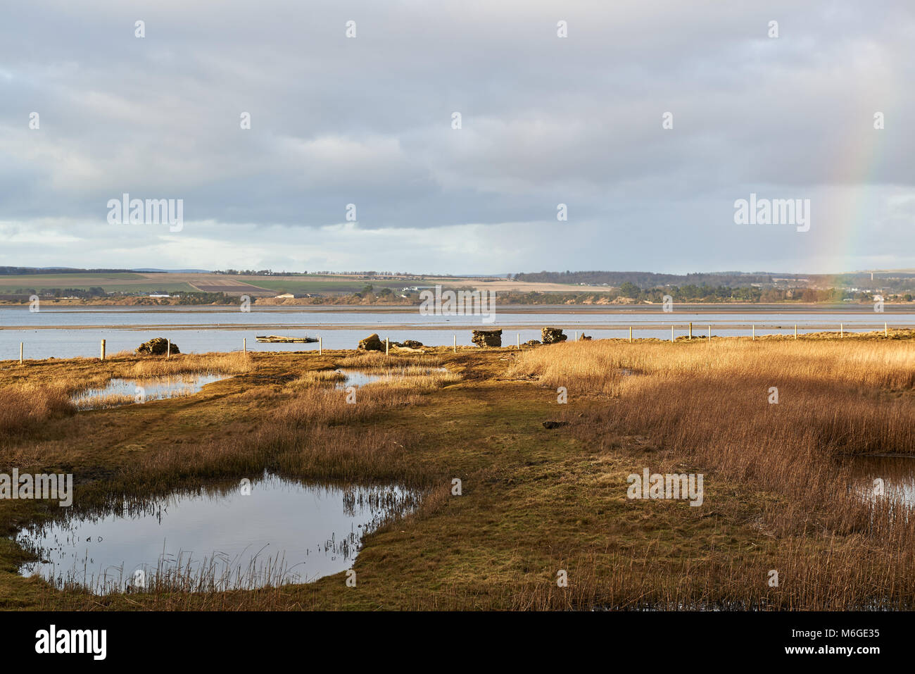 The View North across the Montrose Basin from a Hide at the Information Centre near Montrose in Angus. Stock Photo