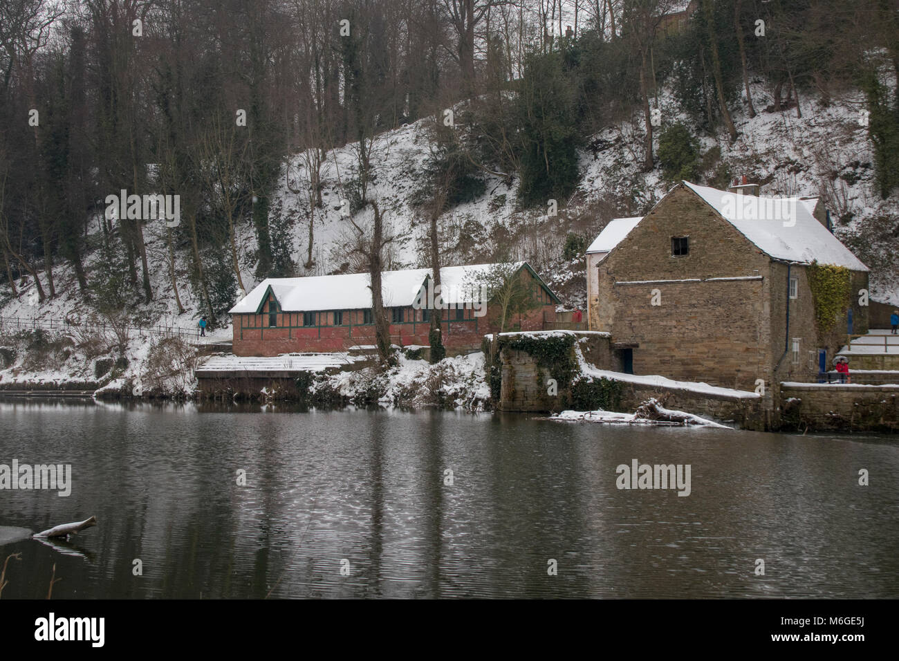 Boathouse by the River Wear in Durham UK in the snow Stock Photo