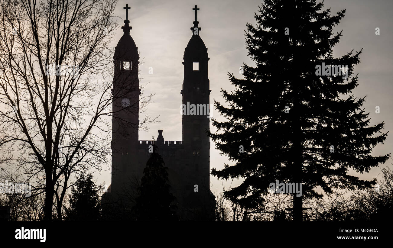 Almost black anf white portrait of the Strehlener Kirche and it's two iconic towers, framed by two trees. In Dresden, Saxony, Germany Stock Photo