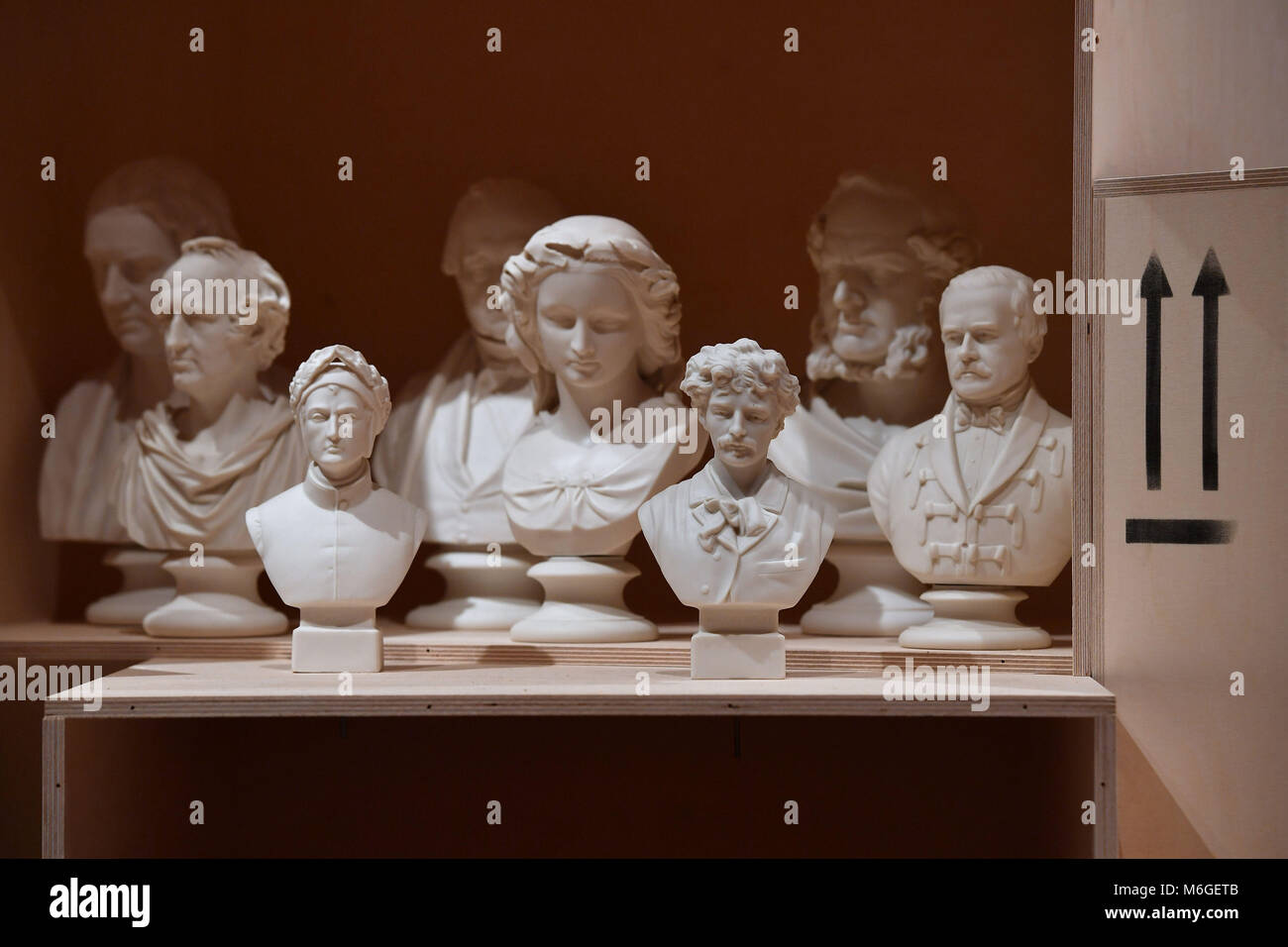 Parian busts of historical figures on display in the 'Flux: Parian unpacked' contemporary exhibition by artist Matt Smith, which opens at the Fitzwilliam Museum in Cambridge on March 6. Stock Photo