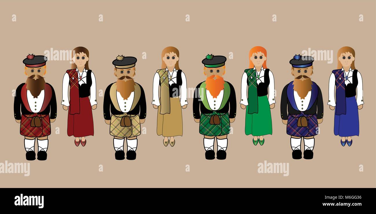 Males and females in traditional Scottish Highland tartan dress. Stock Vector