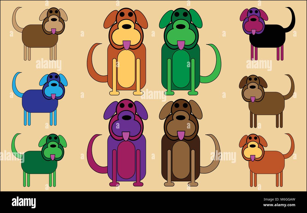 Comedy natural and brightly coloured cartoon dogs and puppies sitting and standing. Stock Vector
