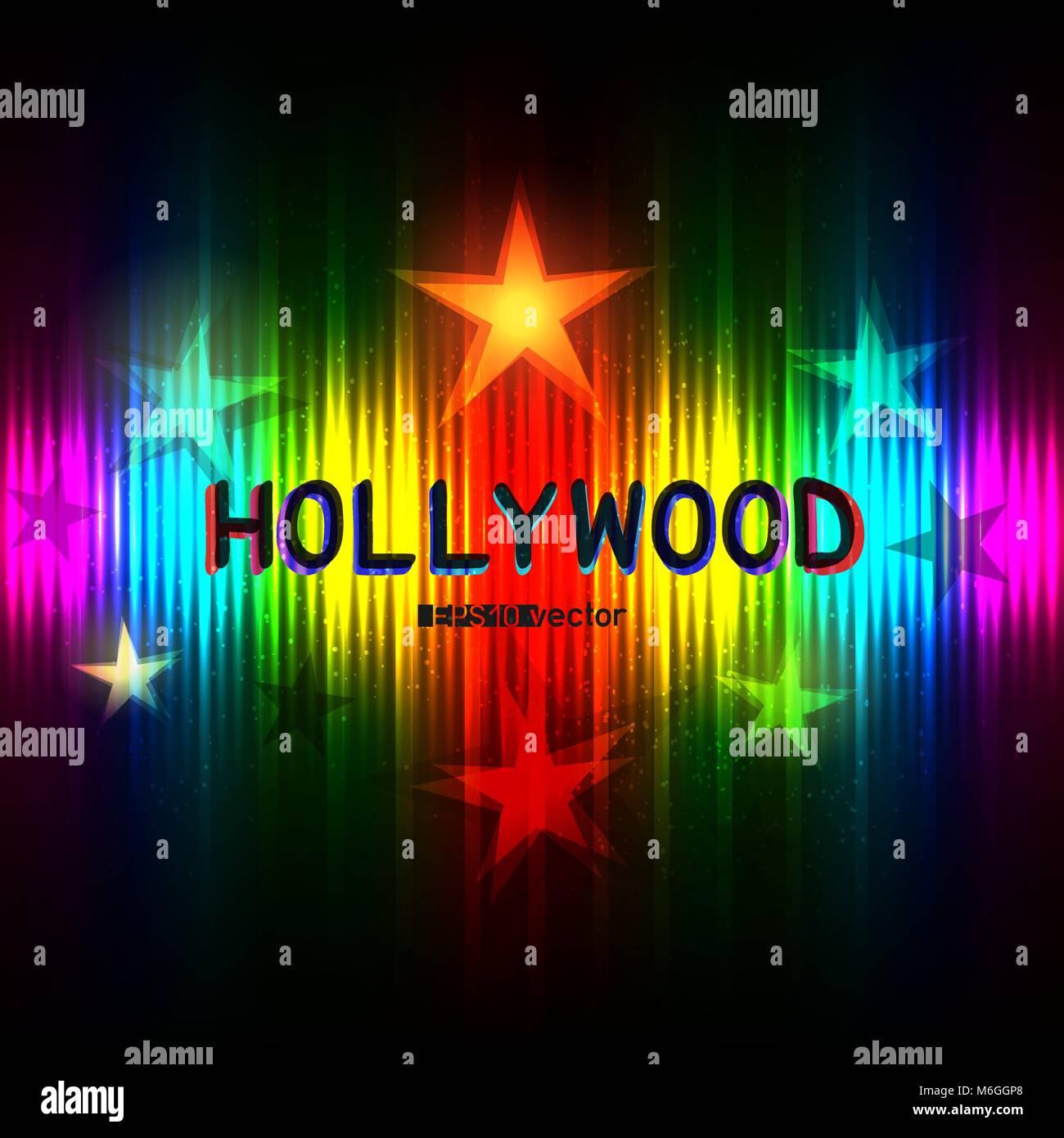 Hollywood Stars show way to glory success on rainbow striped background. Cinematography entertainment industry backdrop Stock Vector